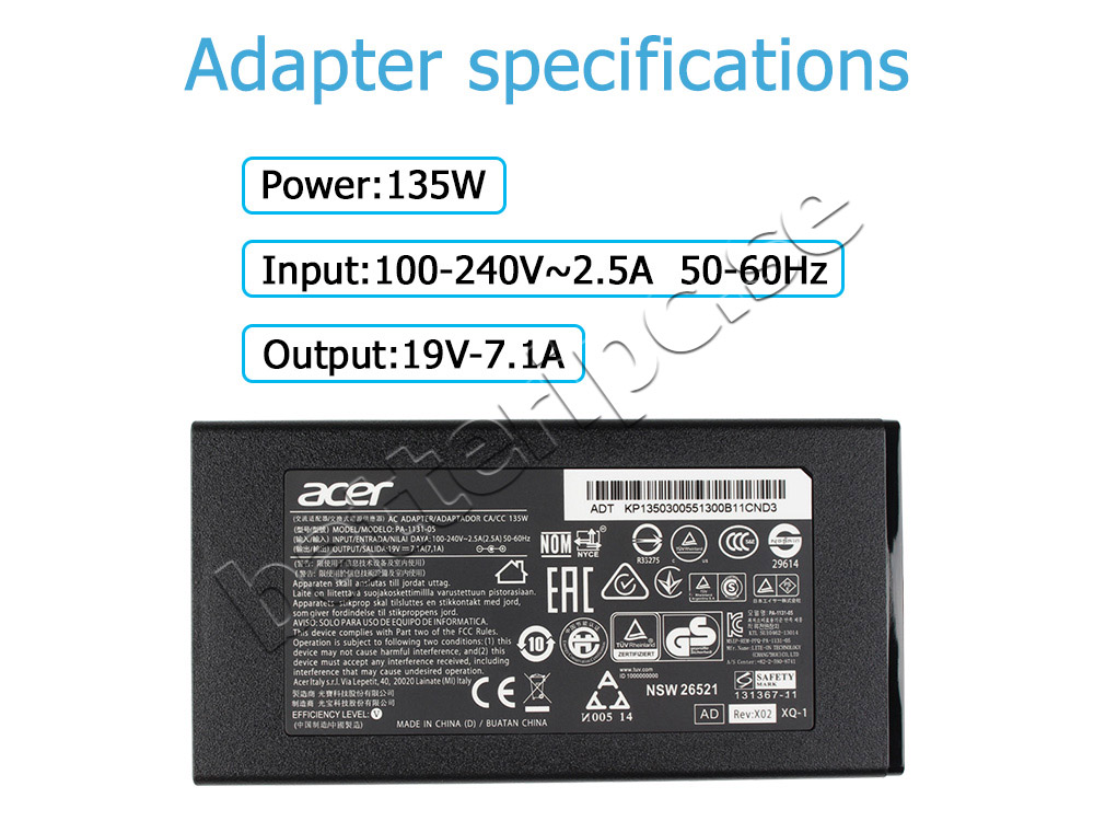 135W AC Adapter Laddare Acer Aspire VN7-592G-72VQ + Kabel