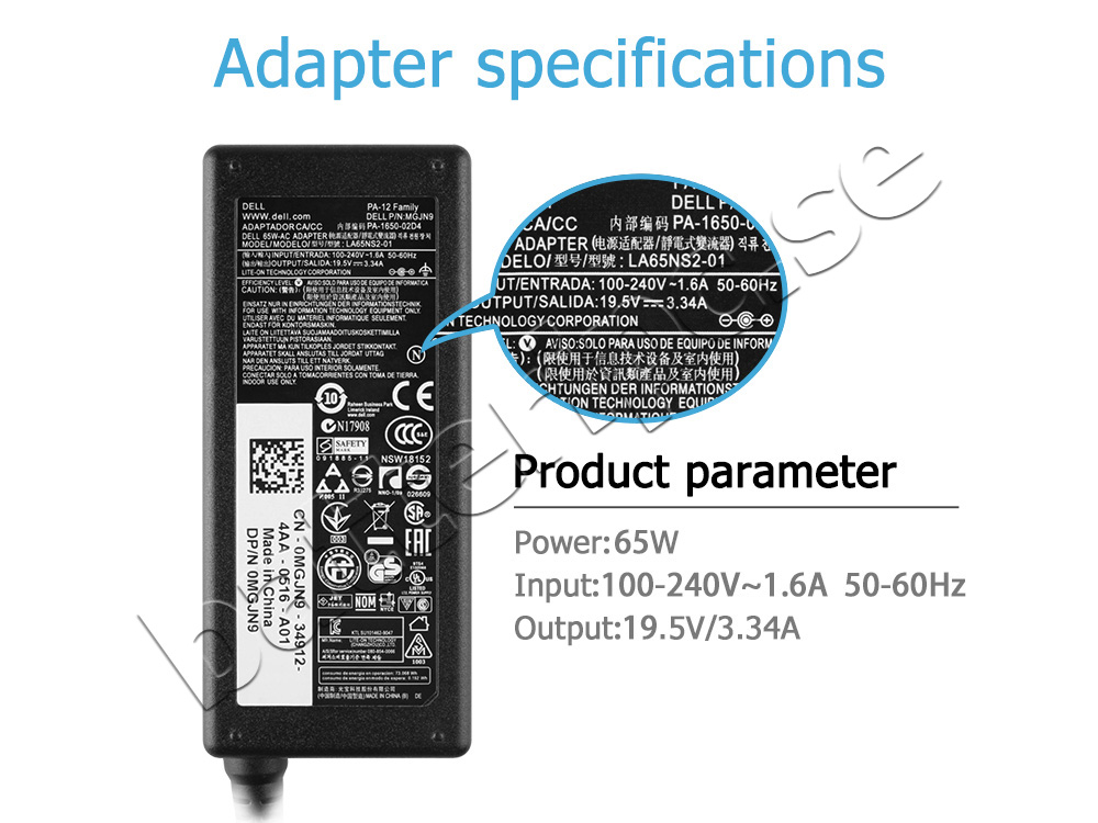 Original 65W Dell Latitud 3310 2-in-1 P118G001 AC Adapter Laddare